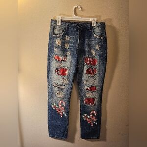 Distressed Blue Jeans with Candy Cane Accents